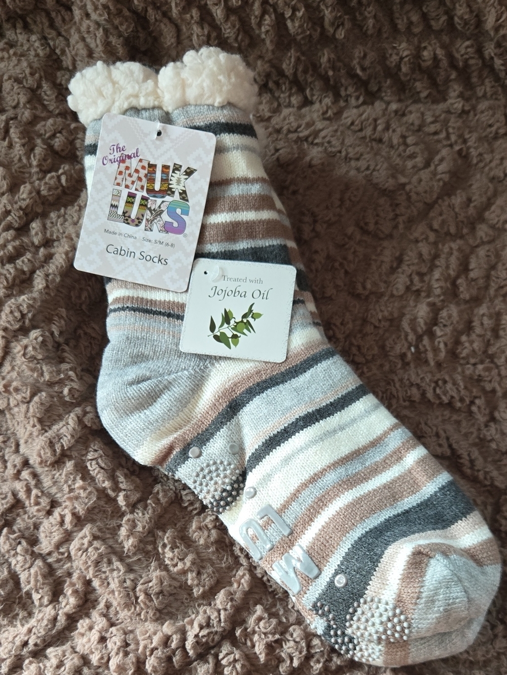 Muk Luks Women’s Cabin Socks - Cream, Tan & Gray Stripes